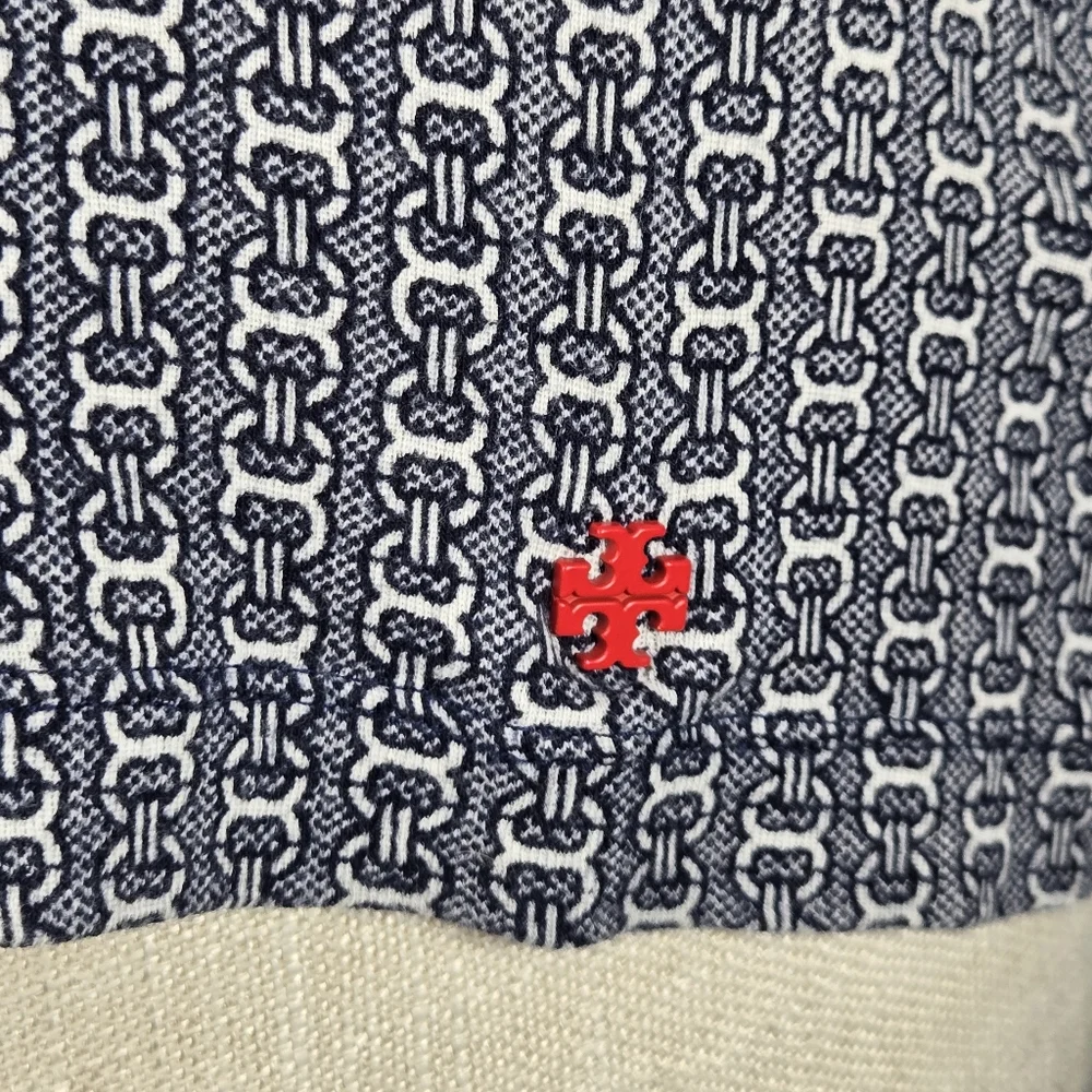 Tory Burch Knit Top Small Navy White Link Print T-shirt Red Metal Logo Womens